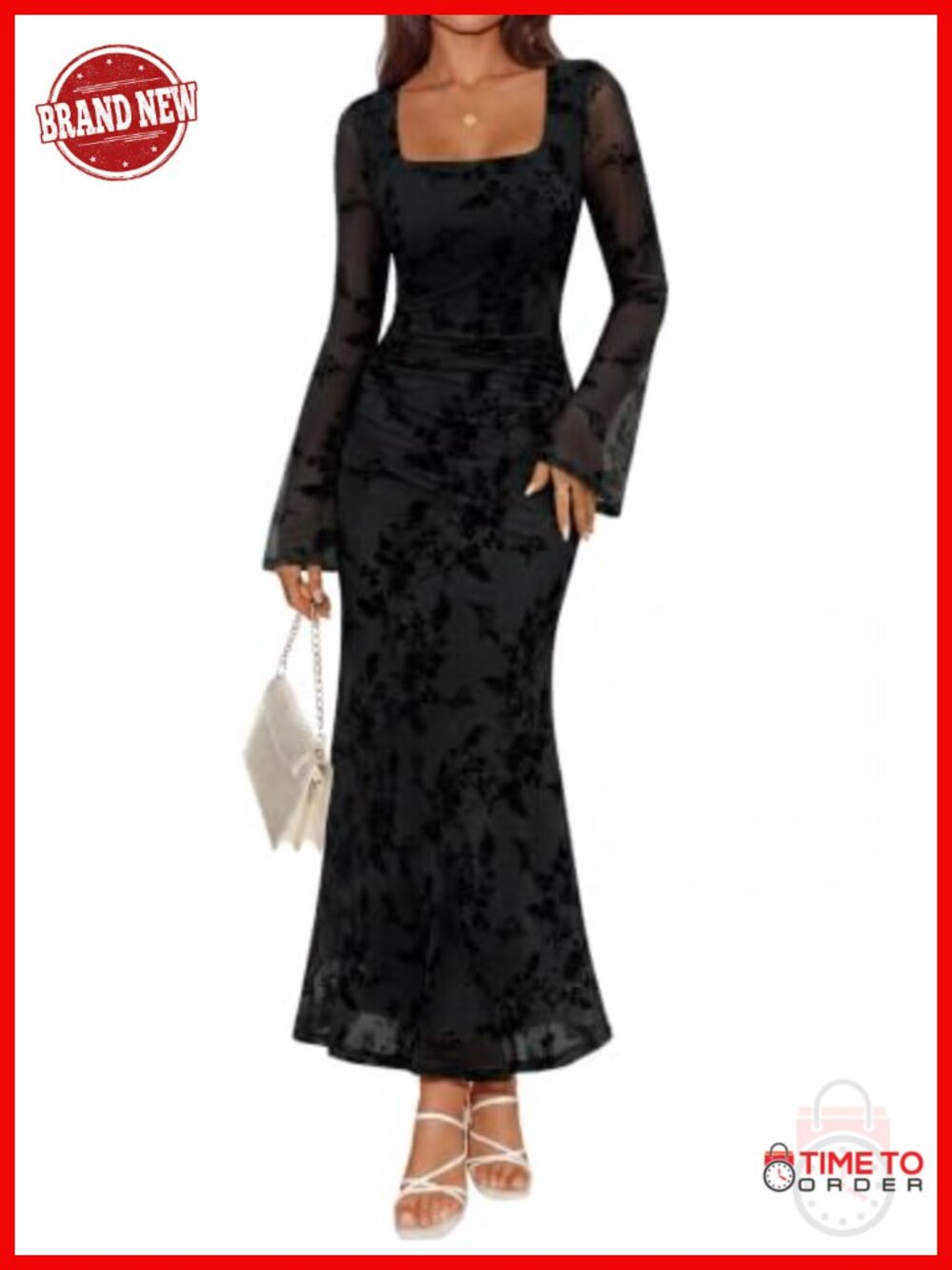 FIROVA Women's Long Sleeve Mesh Floral Maxi Dress